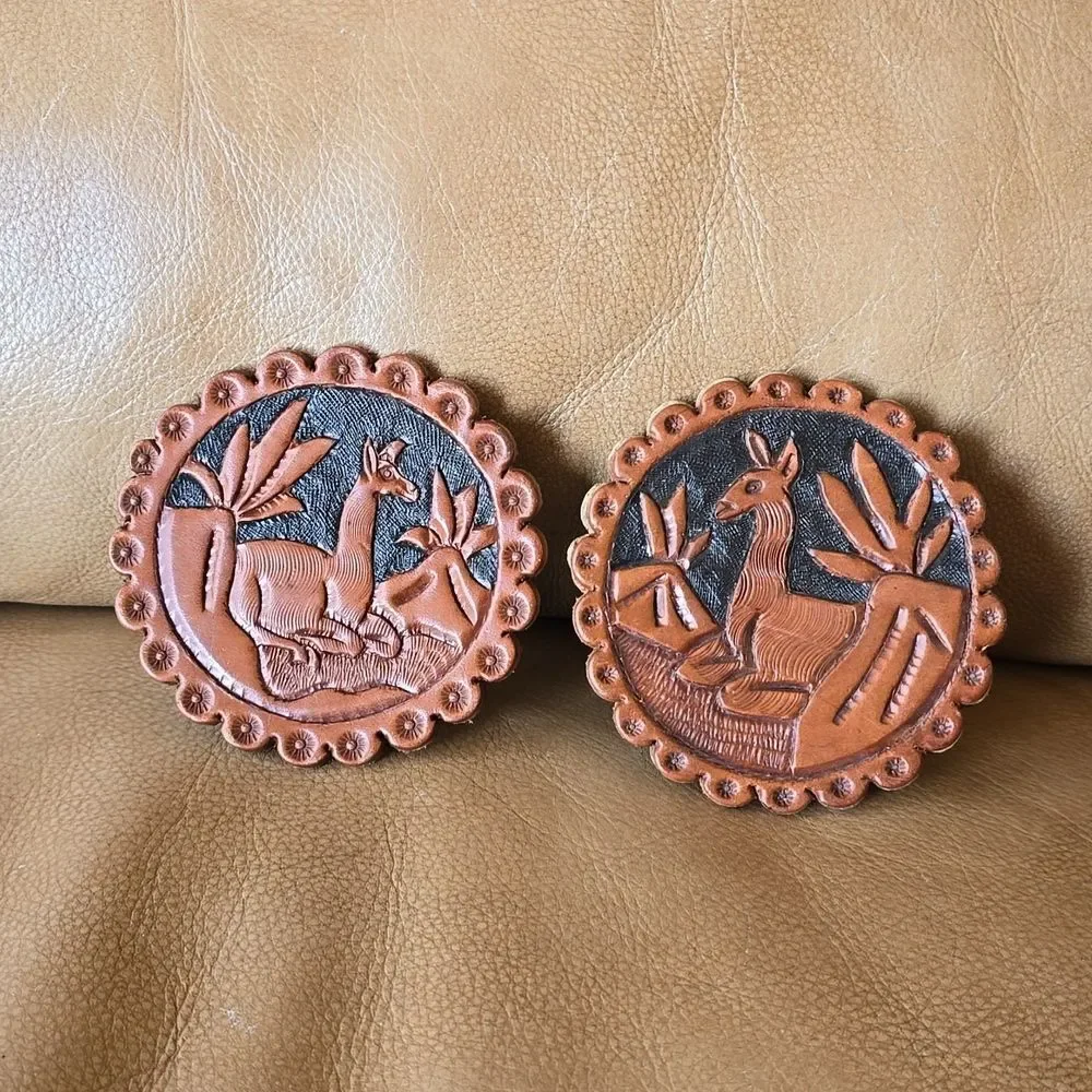 Tooled Leather Coaster Set of 2 | Llama Desert Design | possibly Peruvian